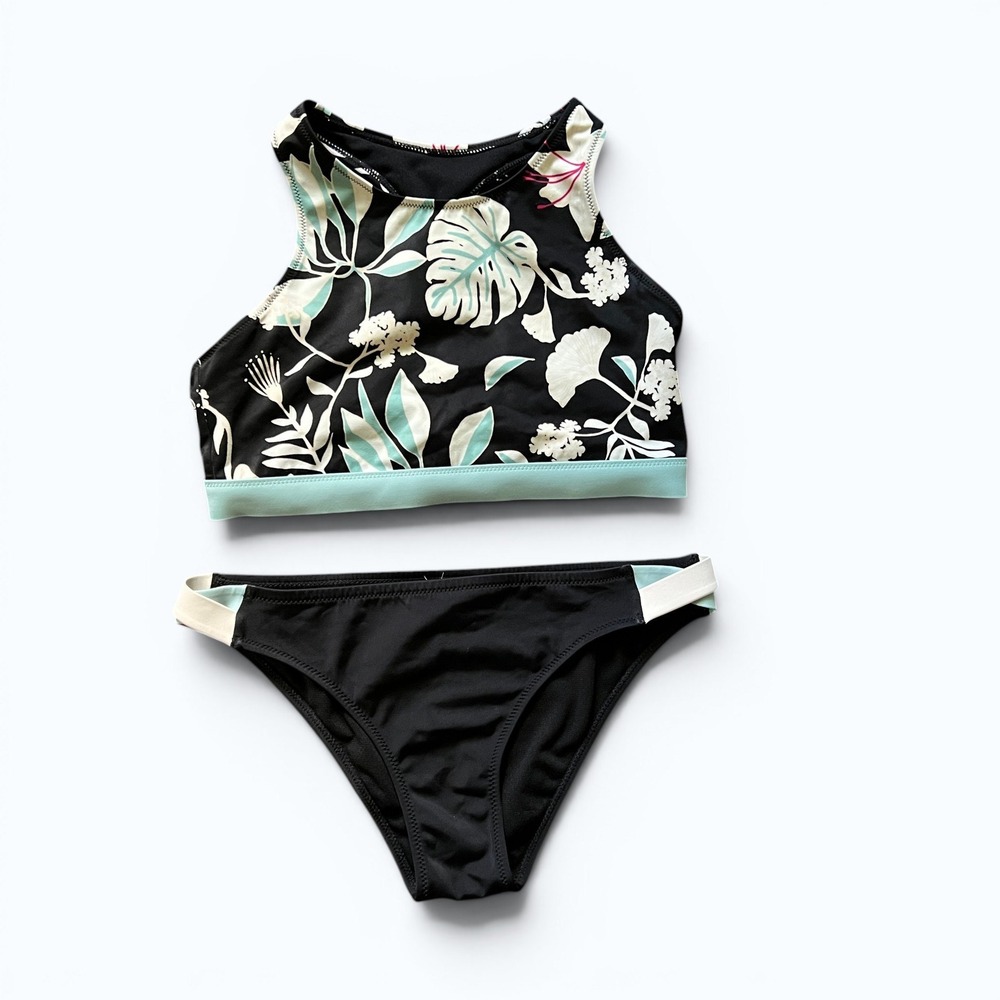 Roxy Active Floral Bikini Set Womens XS Tropical High Neck Swim 2 Piece